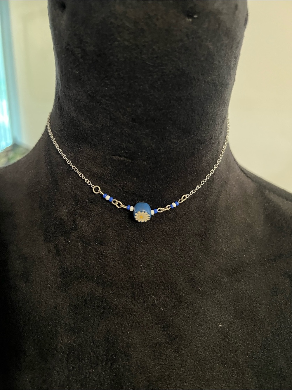 Antique Delicate Blue Daisy Charm 14” Necklace - Women Jewelry